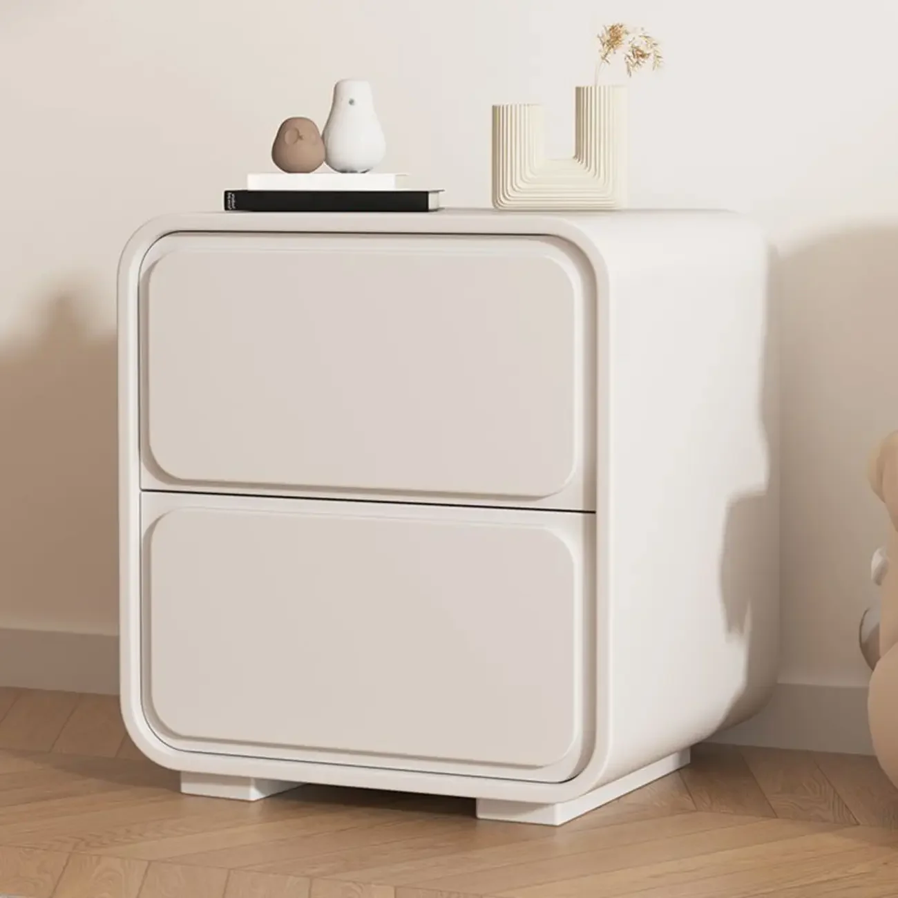 Modern Bedside Table with 2 Drawers - Beige Nightstand