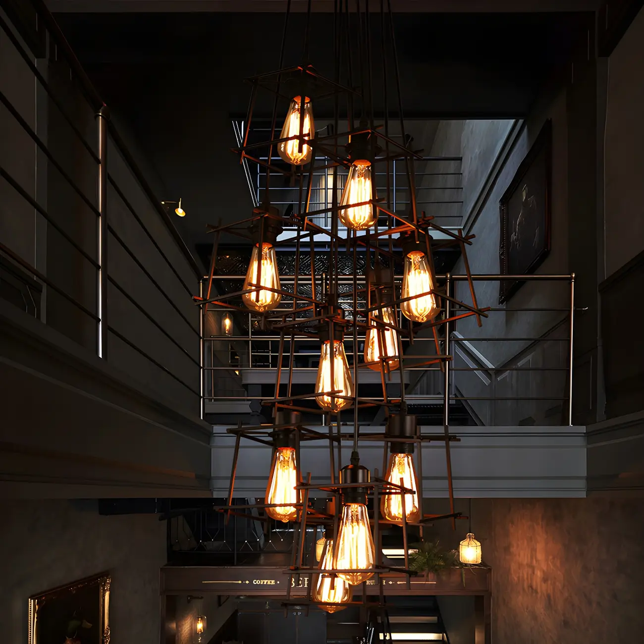 Large 10-Light Black Caged Industrial Pendant Chandelier