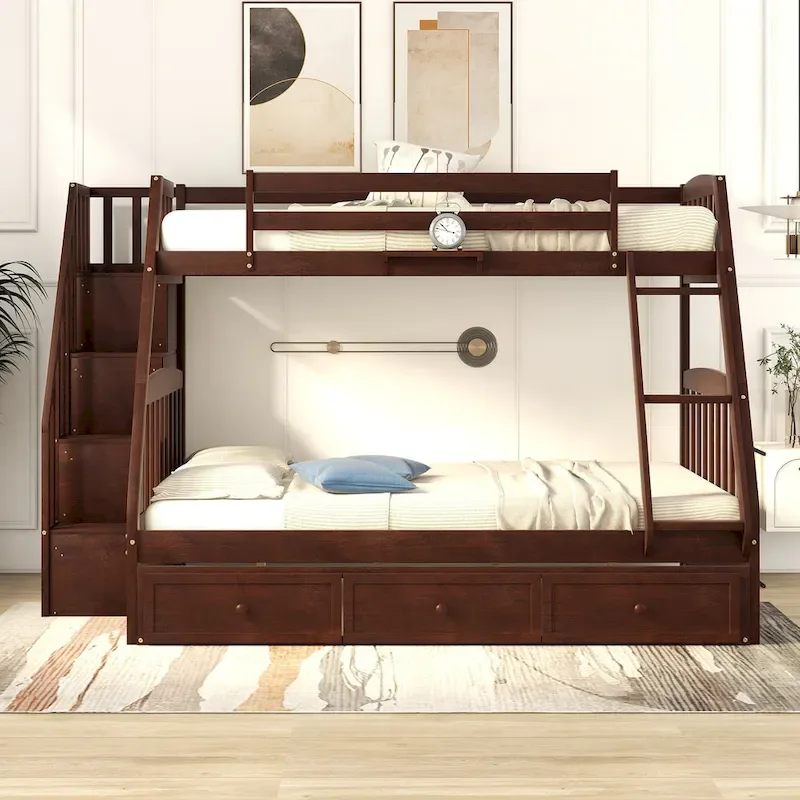 Twin-Over-Full Bunk Bed with Drawers_Ladder and Storage Staircase, Espresso