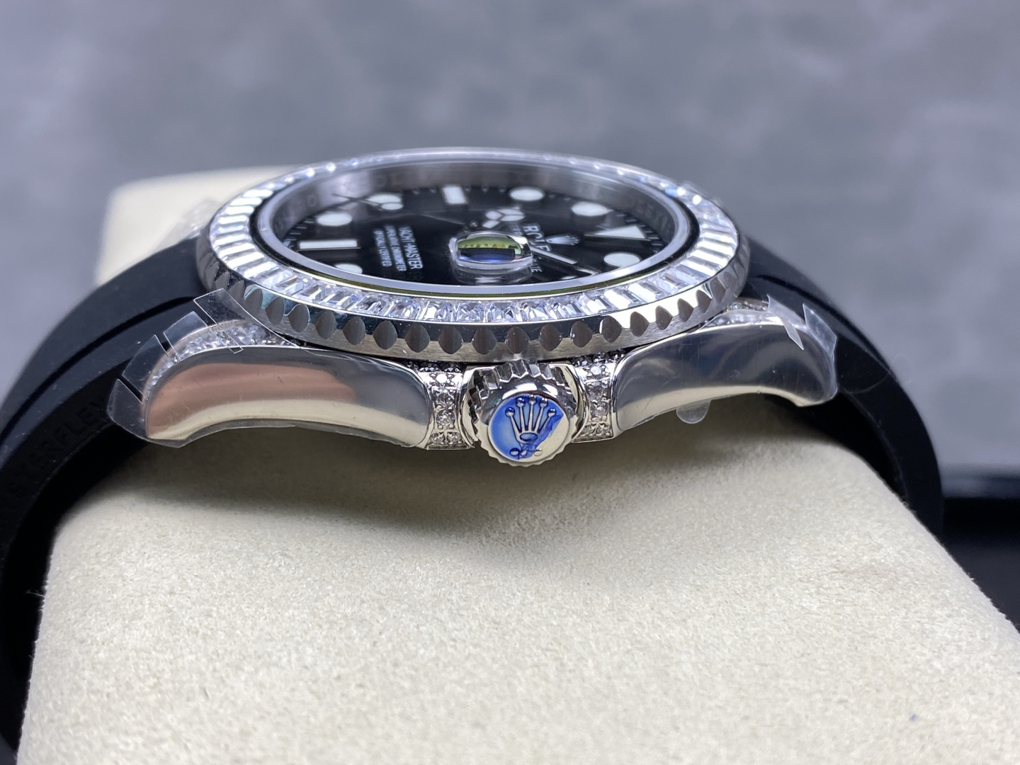Side profile of rolex replica yacht-master showing crown and rubber strap