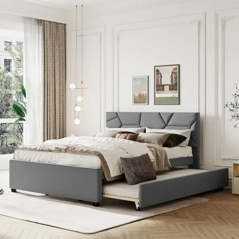 Grey Queen Size Upholstered Platform Bed with Brick Pattern Headboard and Twin Size Trundle