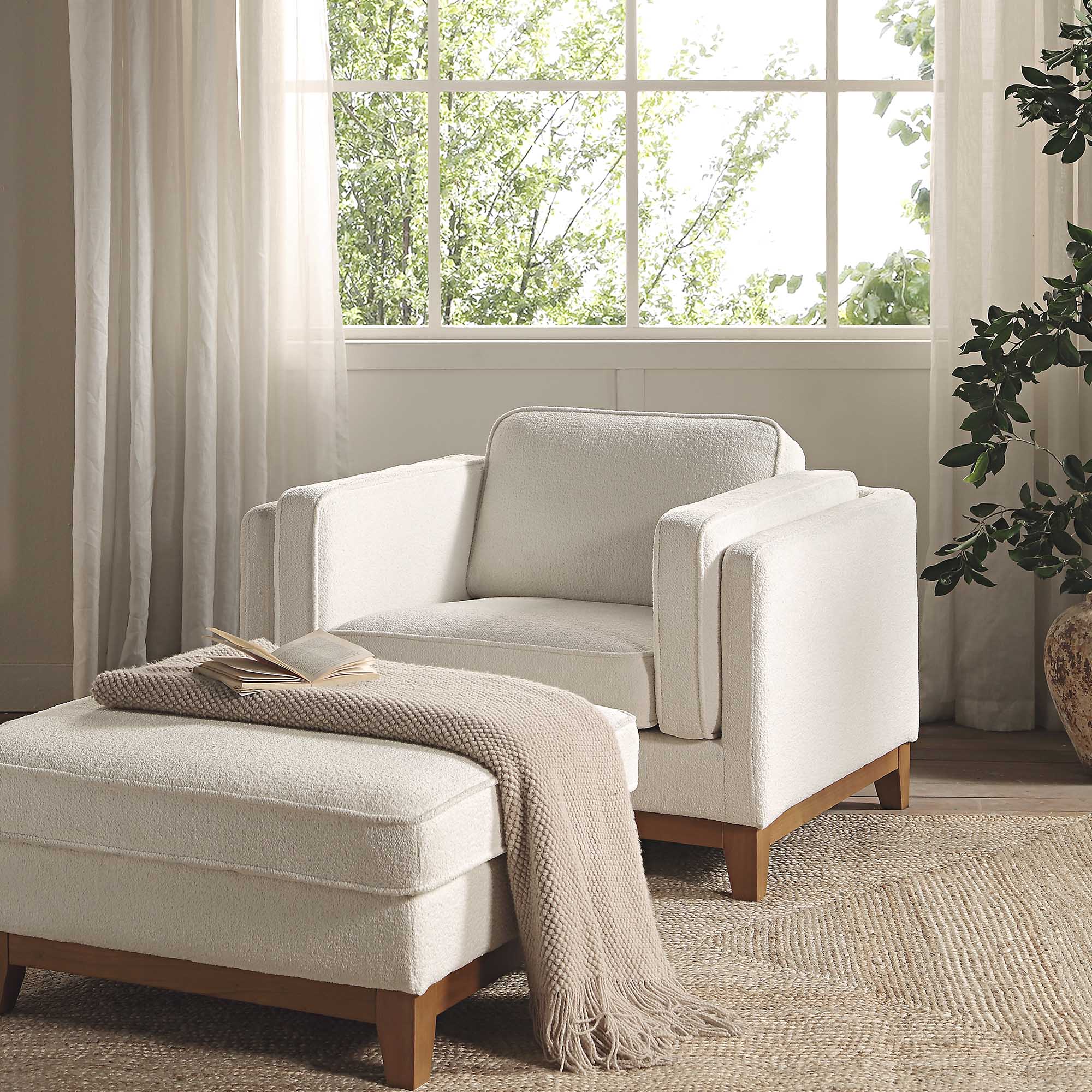 Beige Boucle Fabric Sofa, 1-Seater