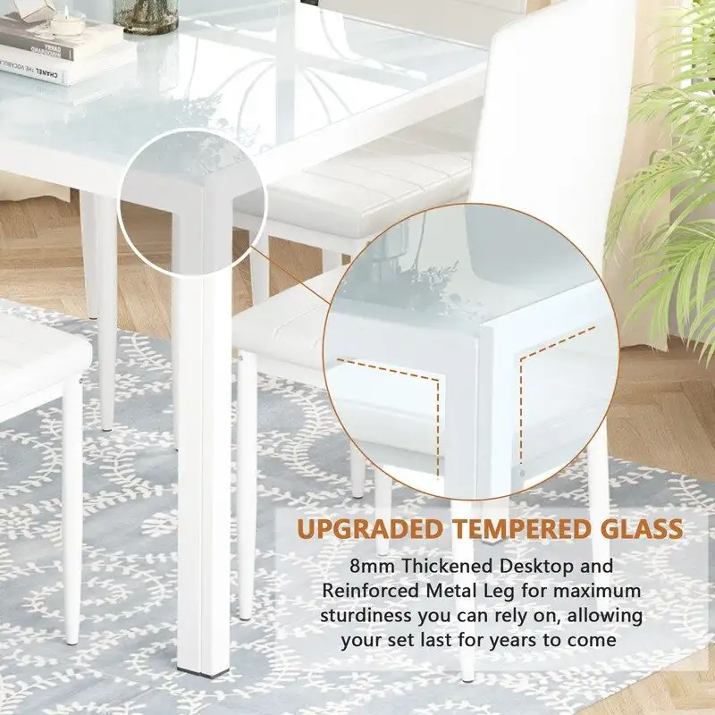 Grondin Modern Style 7-Piece Dining Room Table Set with Tempered Glass Tabletop and 6 PU Leather Upholstered Chairs