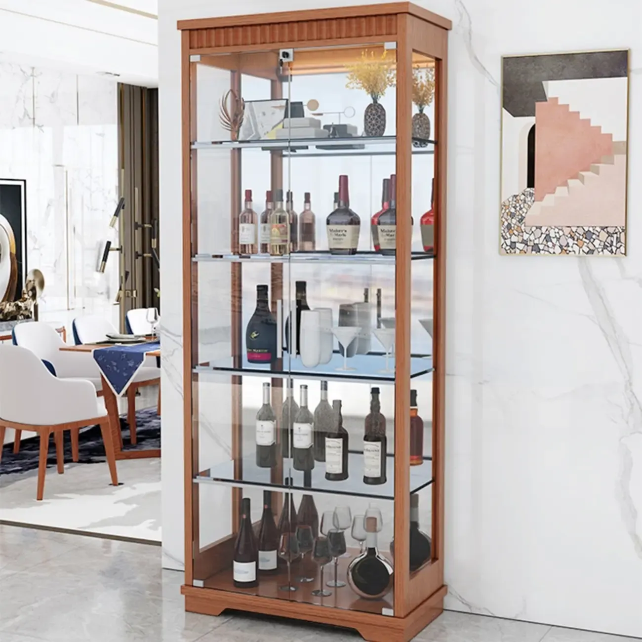 Modern Natural Wood Wine Rack with Glass Shelf