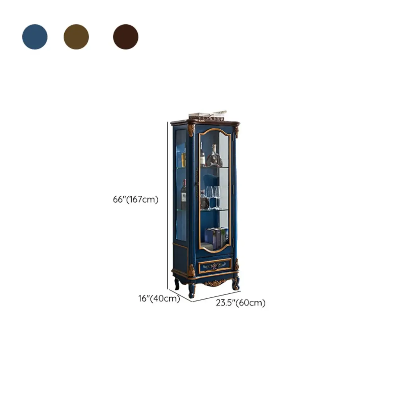 Traditional Tall Wood Blue Glass Shelf Display Cabinet