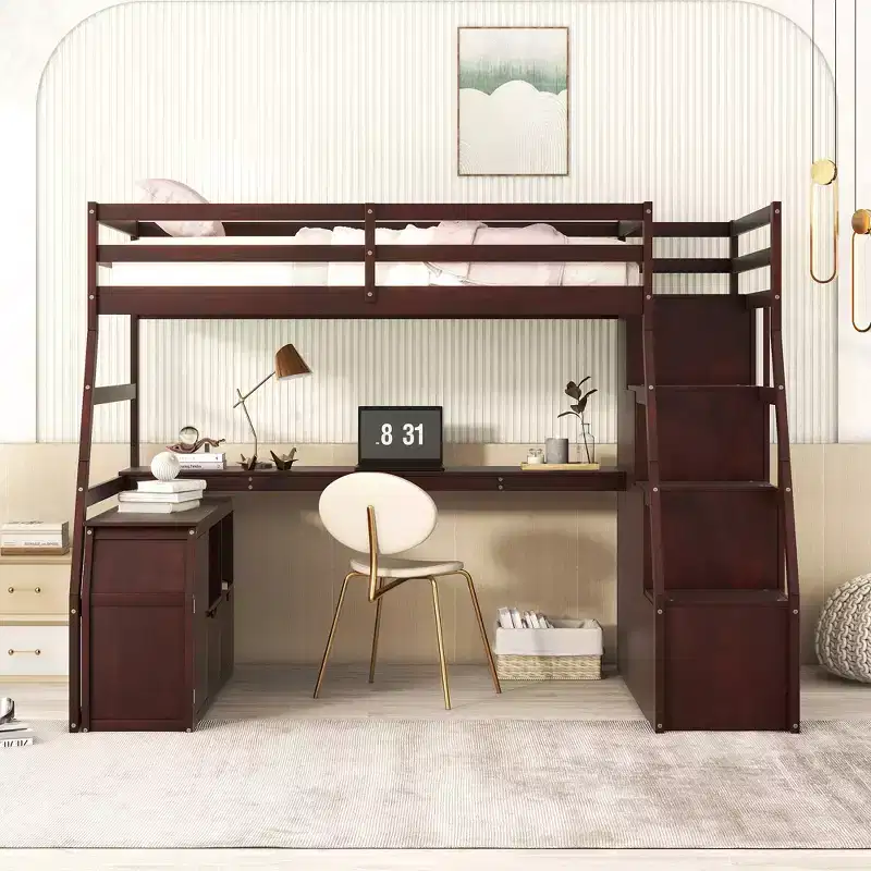 Whisen 94.7L x 56.8W Unique Design Twin Size Loft Bed with 7 Drawers, 2 Shelves and Desk, Comfortable Sleeping Area