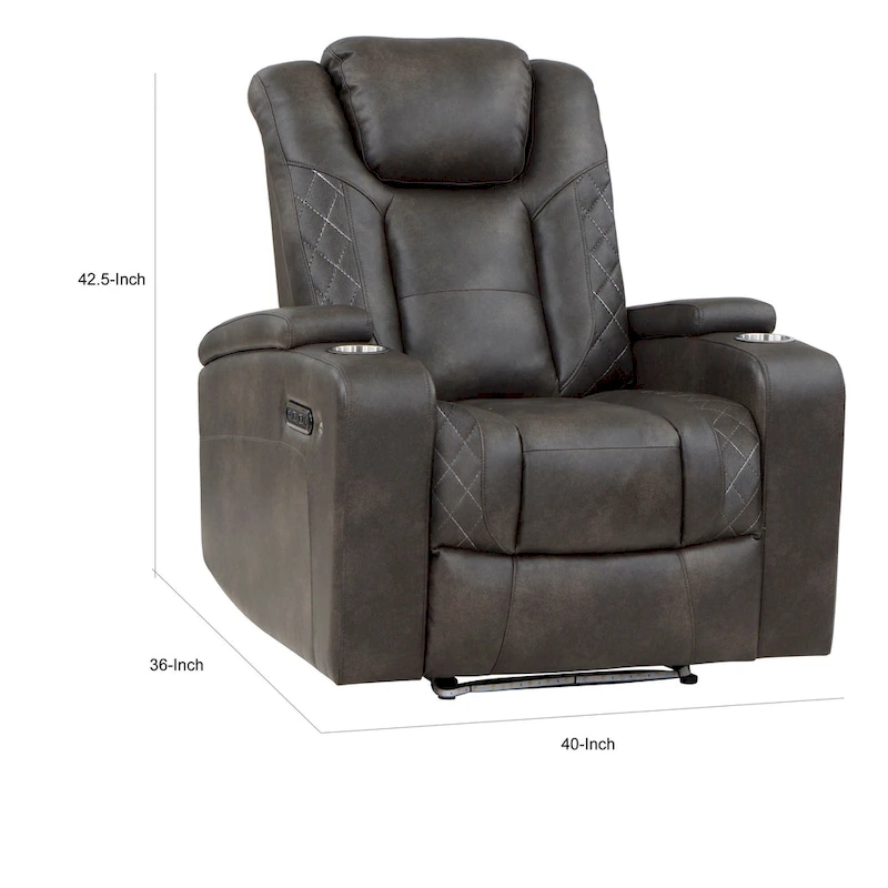 Mia 40 Inch Power Recliner Chair, Gray Faux Leather, LED, USB, Cupholders