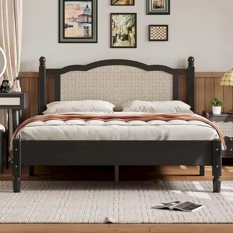 Black/Walnut Rattan Headboard Platform Bed, Full/Queen, 2-Person