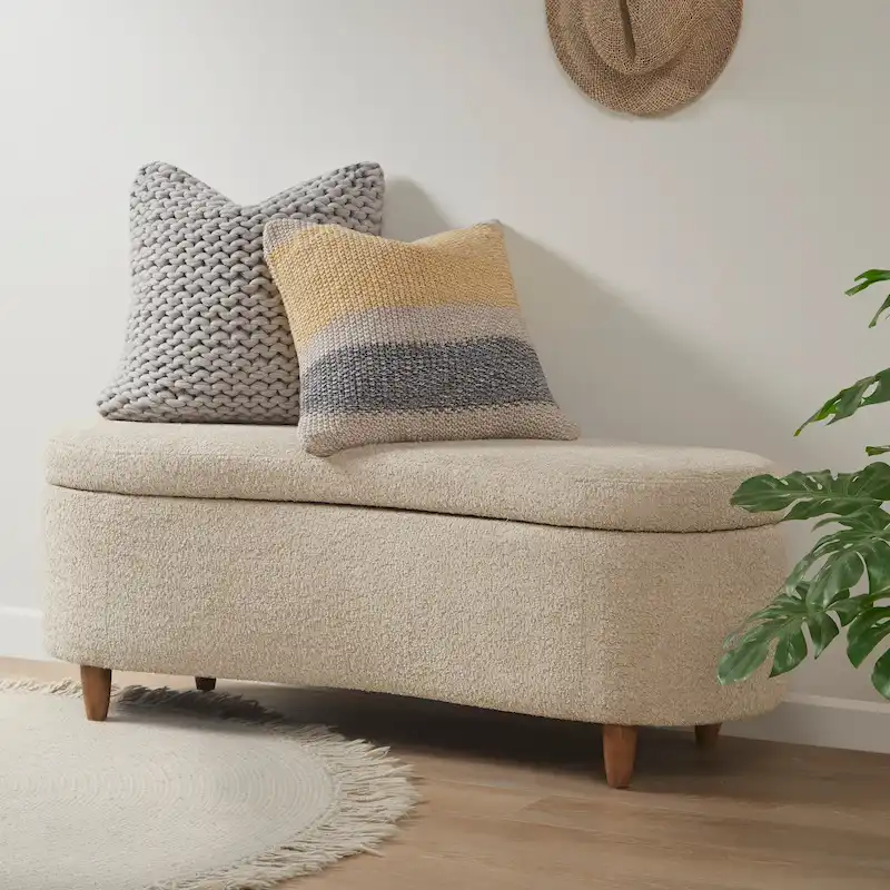 Boucle Upholstered Flip-Top Storage Bench – Green / Cream / Chocolate / Taupe