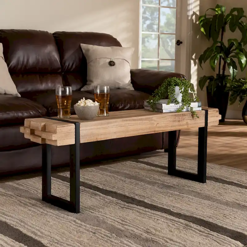 Brown & Black MDF Rustic Industrial Entryway Bench with Stacked Wood Effect & Metal Legs, Seats 1