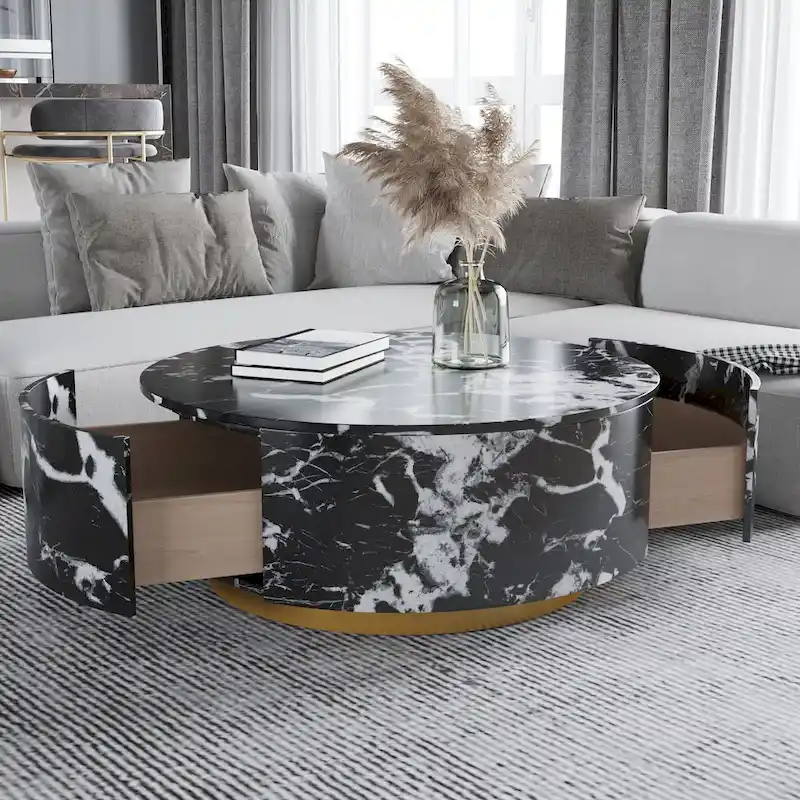 Modern Faux Marble Round Coffee Table Center Table with 2 Drawers, Fully Assembled