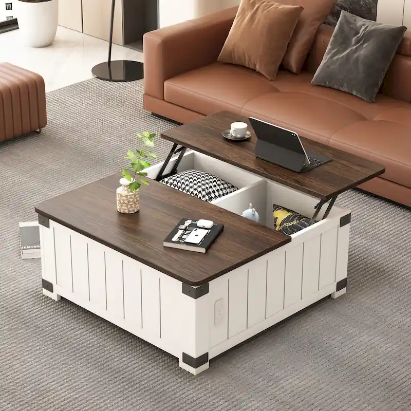 Off-White Square Lift-Top Coffee Table with Storage & Charging, 1-2 Person