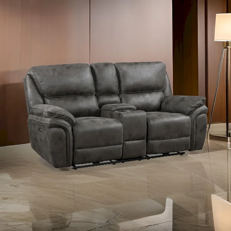 Gray Microfiber Power Double Reclining Loveseat with Center Console, Cup Holders & USB Port – Seats 2