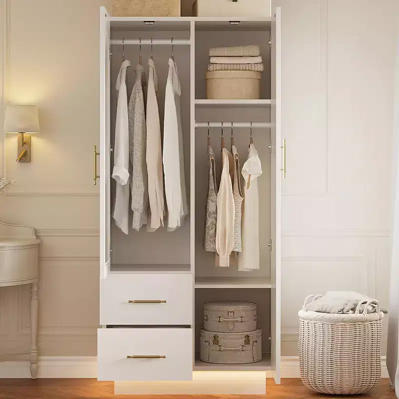 Bedroom Armoire Wardrobe Closet , 71 Tall Wooden Large Armoire Storage Cabinet with Modern Fluted Glass & Shelves, w/Hanging Rod