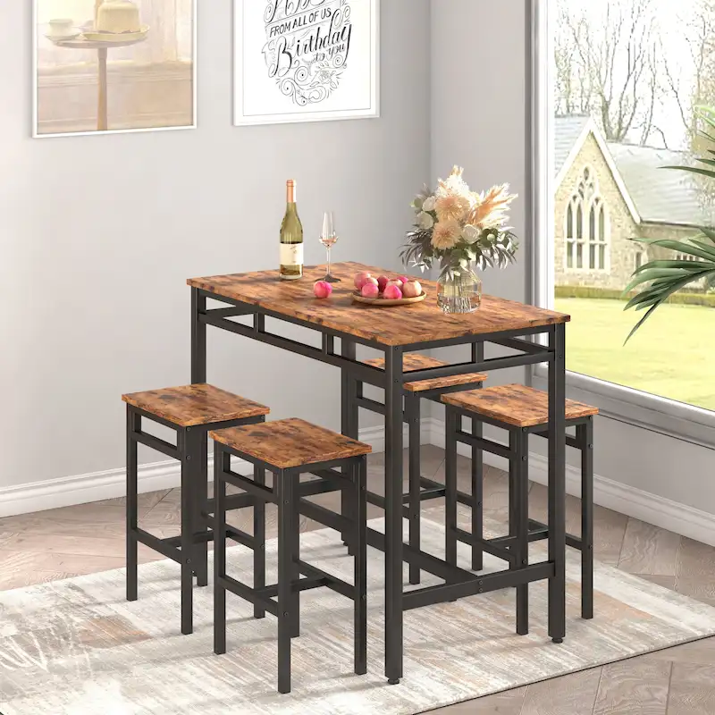 Rustic Style 5-Piece Dining Set with Rectangular Table and 4 High Stools Dining Chairs