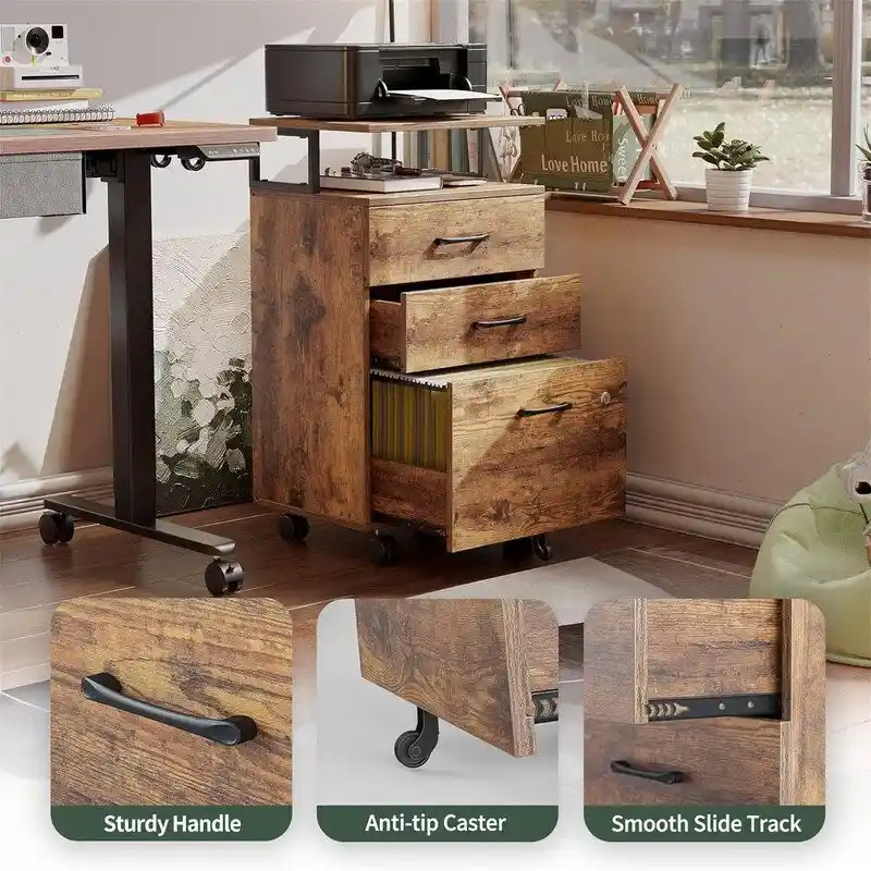 Black / White / Rustic Brown 3-Drawer Rolling Filing Cabinet with Lock – Single