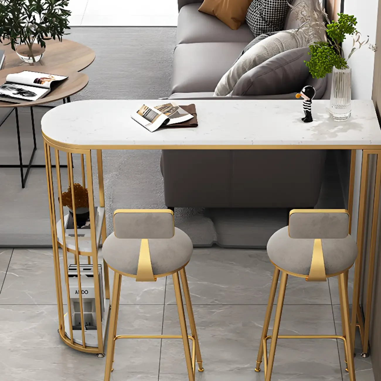 Modern Bistro Golden Bar Table Marble Top with 2 Shelves