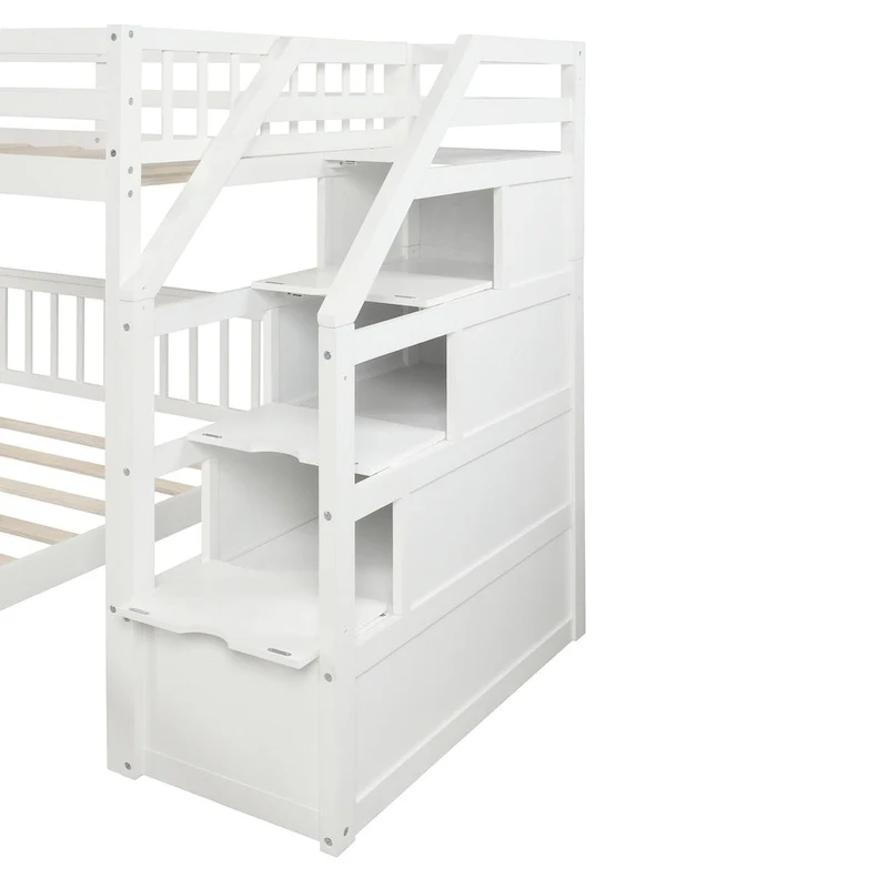 Twin Over Full Wood Loft Bed with Staircase,High Guardrails and Ladder