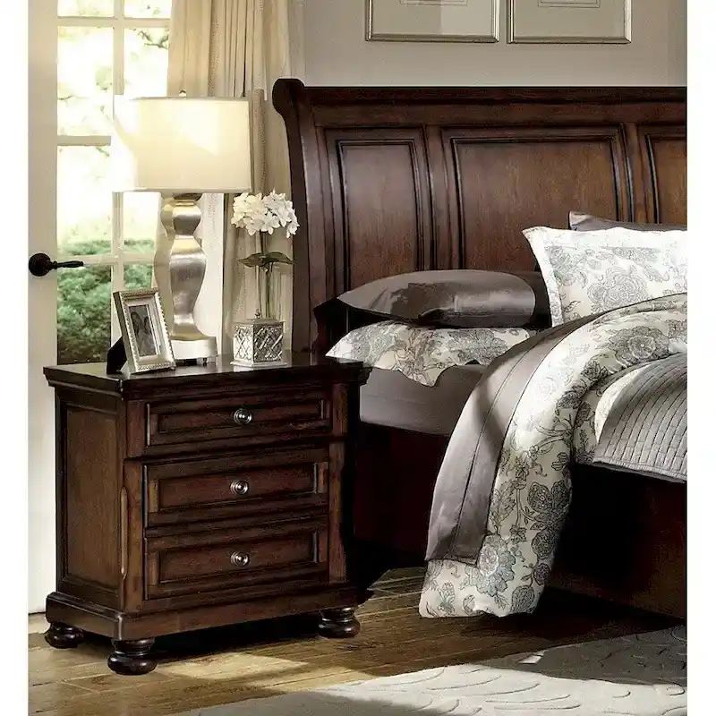 Brown Cherry Finish 3pc Bedroom Set Platform Storage Bed and Two Nightstands