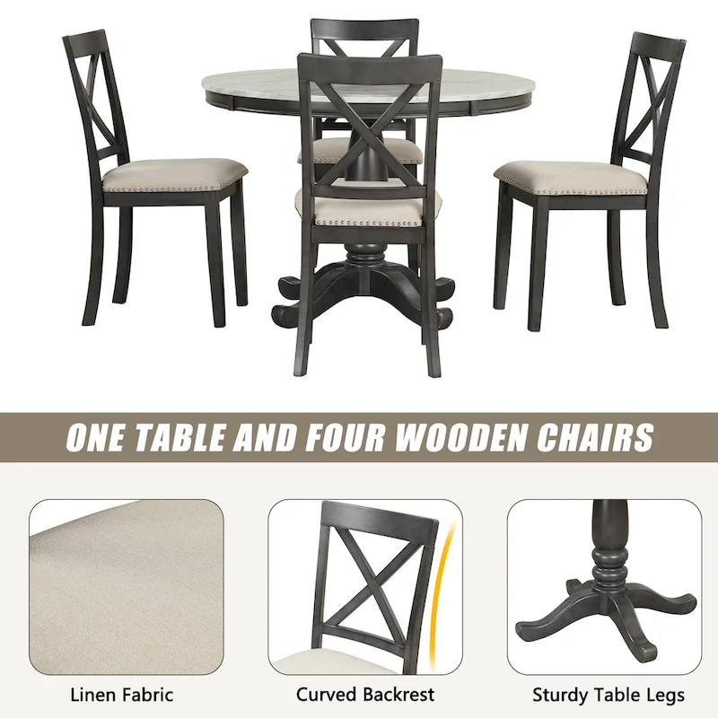 Modern Style Wooden 5-Piece Dining Set with Round Table amd 4 Upholstered Chairs