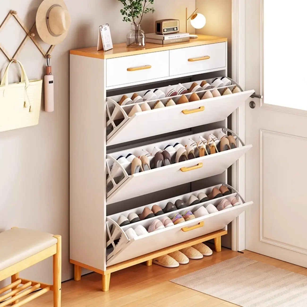 Entryway Modern Wood Shoe Cabinet with Flip-Out Drawer