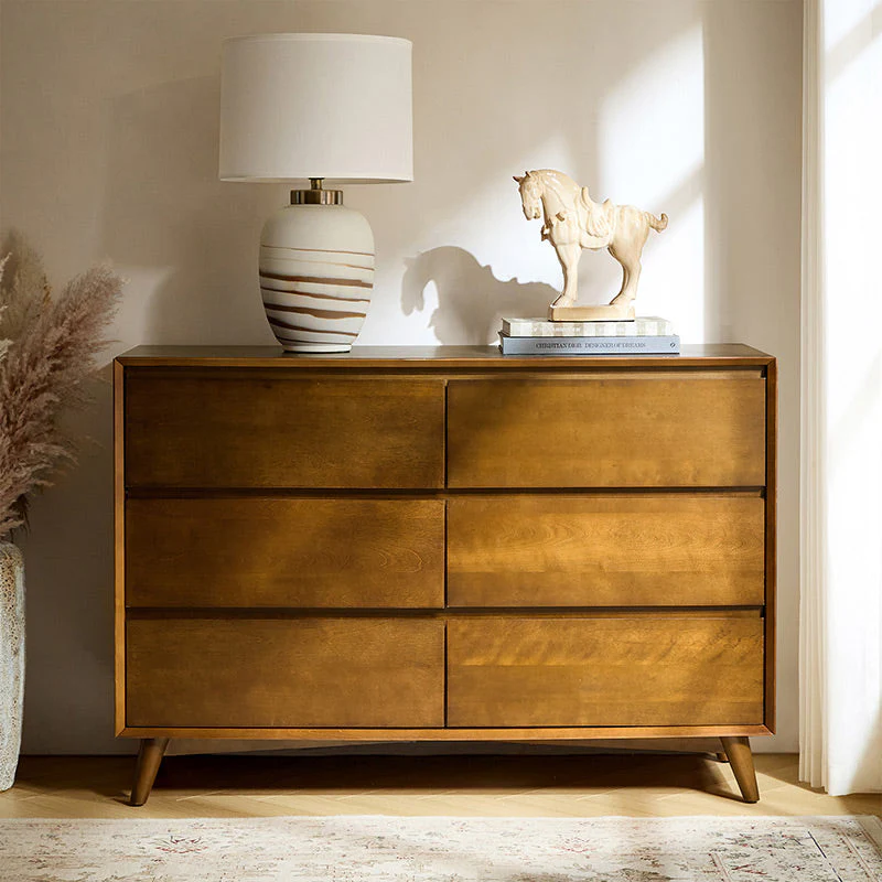 6-Drawer Dresser with Internal Partitions, Metal Glides, Rubber Wood Legs & Adjustable Feet | Acorn / Walnut | Single