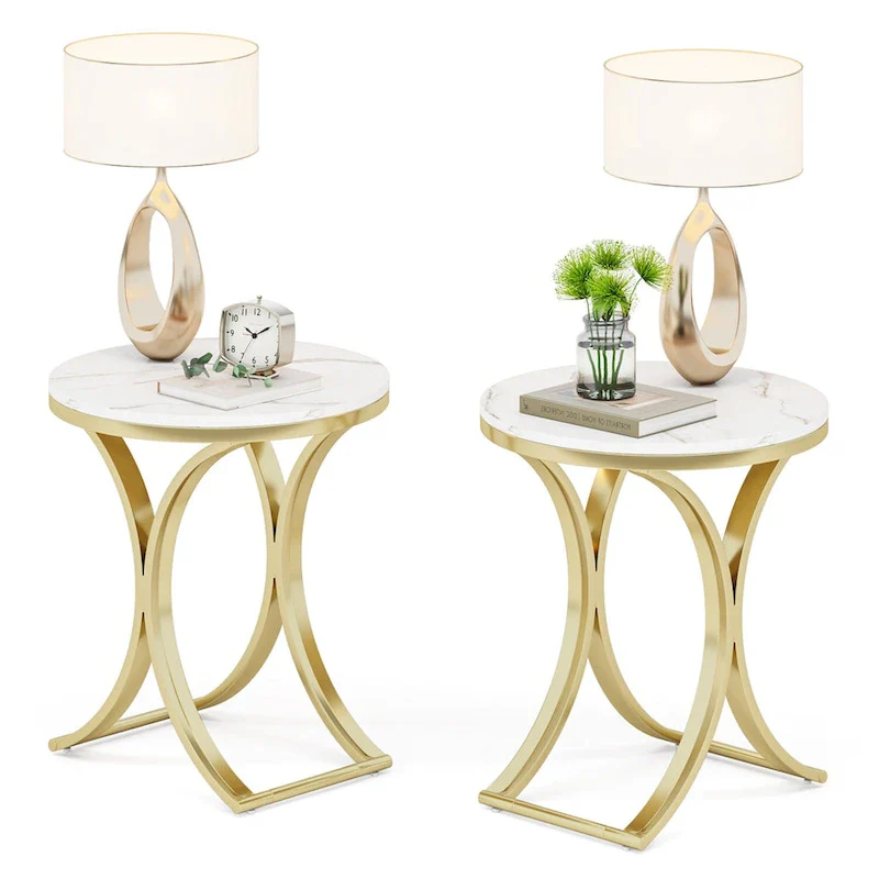 Round Side Table with Faux Marble Top and C-Shaped Metal Legs