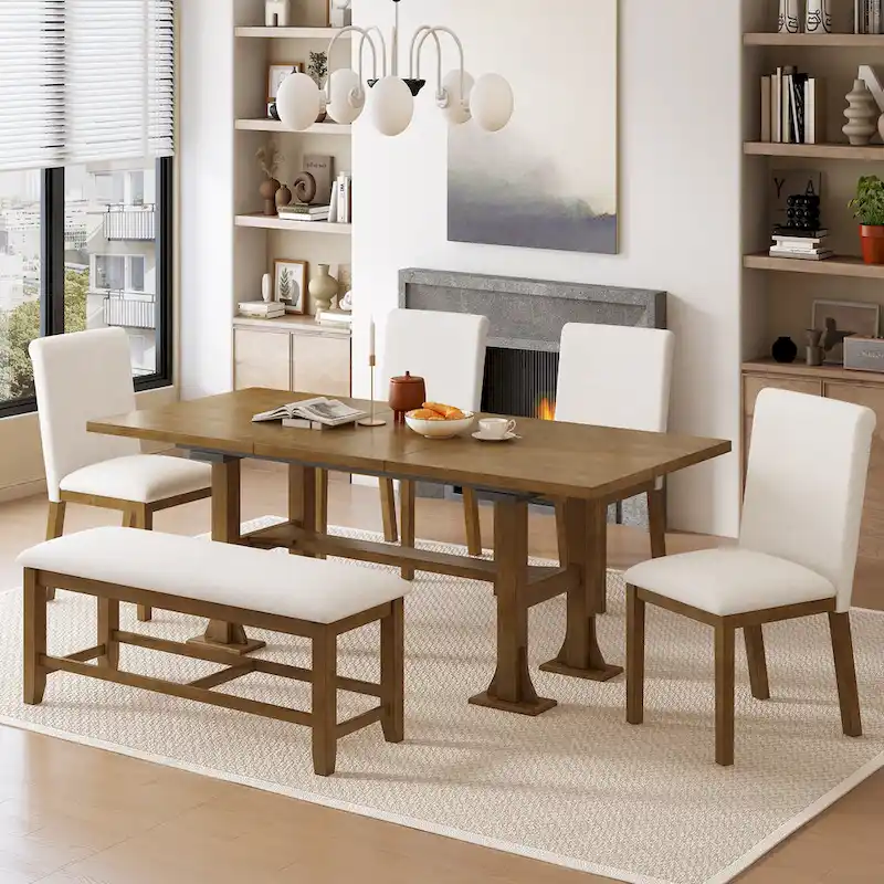 6-Piece Farmhouse Extendable Dining Set with Leaf & Bench