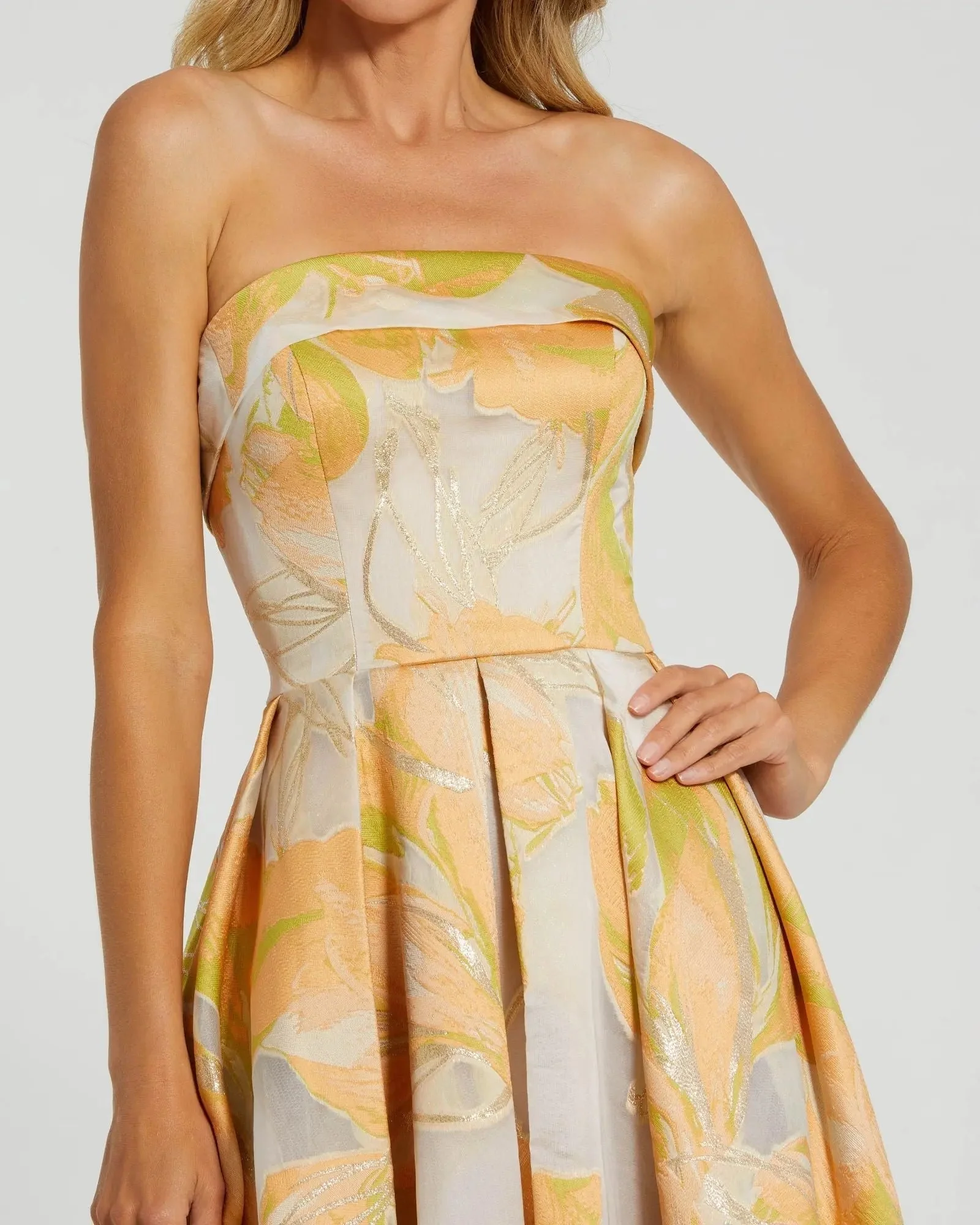 Beige and Orange Strapless Brocade Midi Dress with Pockets