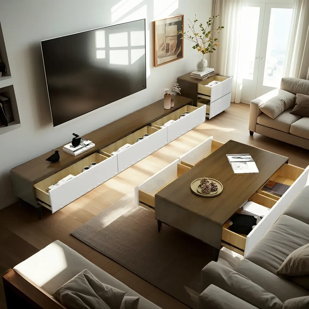 63 Modern Brown Rectangle 3-Drawer Pine Wood TV Stand