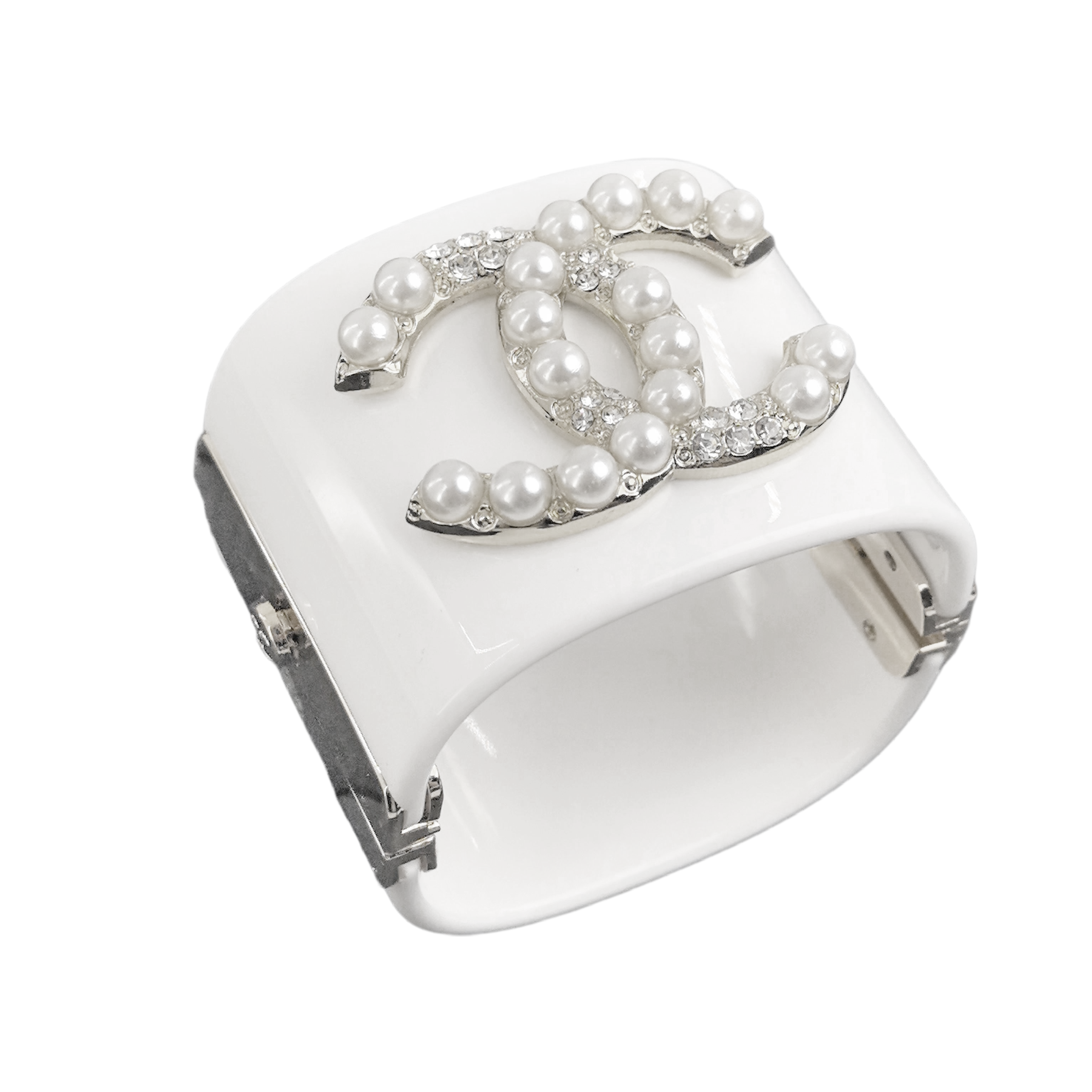 CCS101 CC wide acrylic with crystal and pearl cc logo cuff bracelet - ccjewelryacc