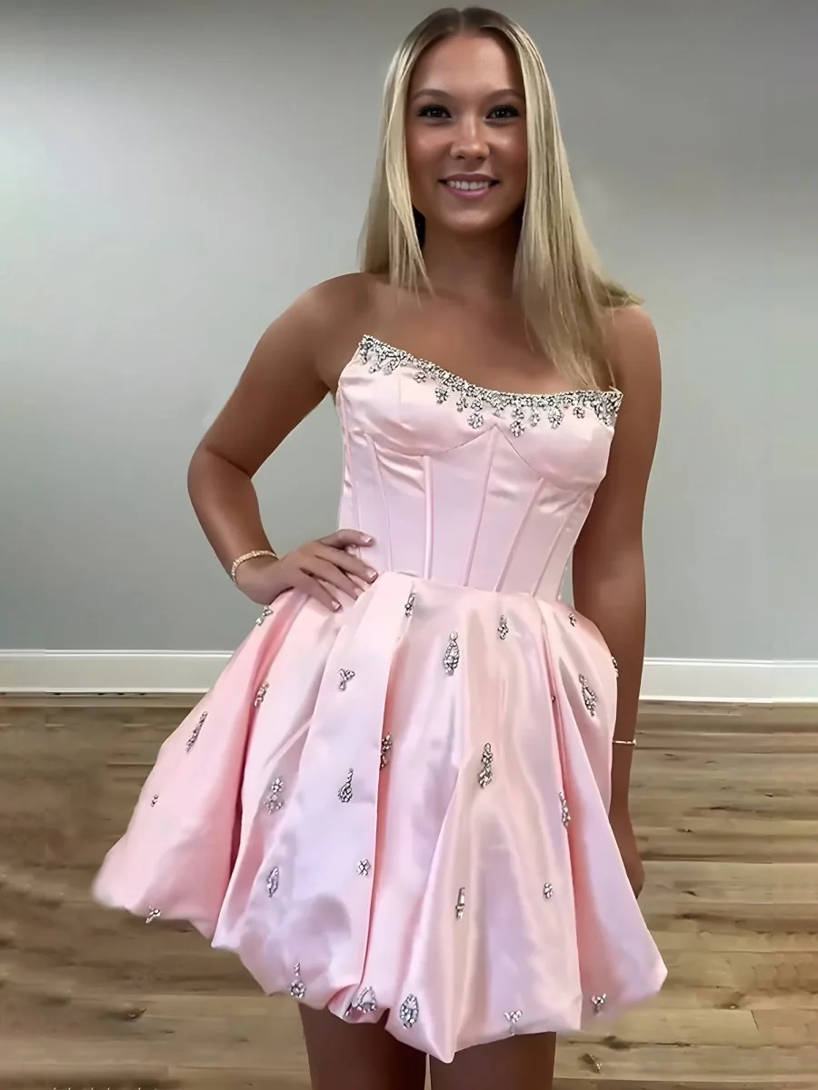 Pink - A Line Scoop Neck Corset Beaded Short Homecoming Dresses