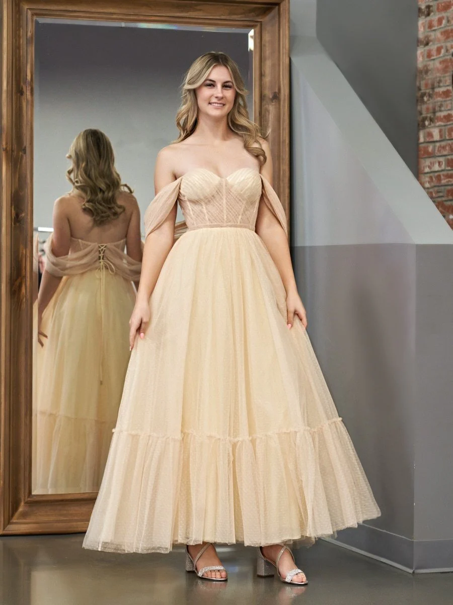 A-Line Champagne Tulle Sweetheart Tea-Length Prom Dress