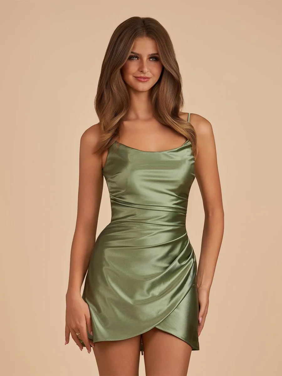 Olive - Sheath Spaghetti Straps Pleated Satin Short Homecoming Dress