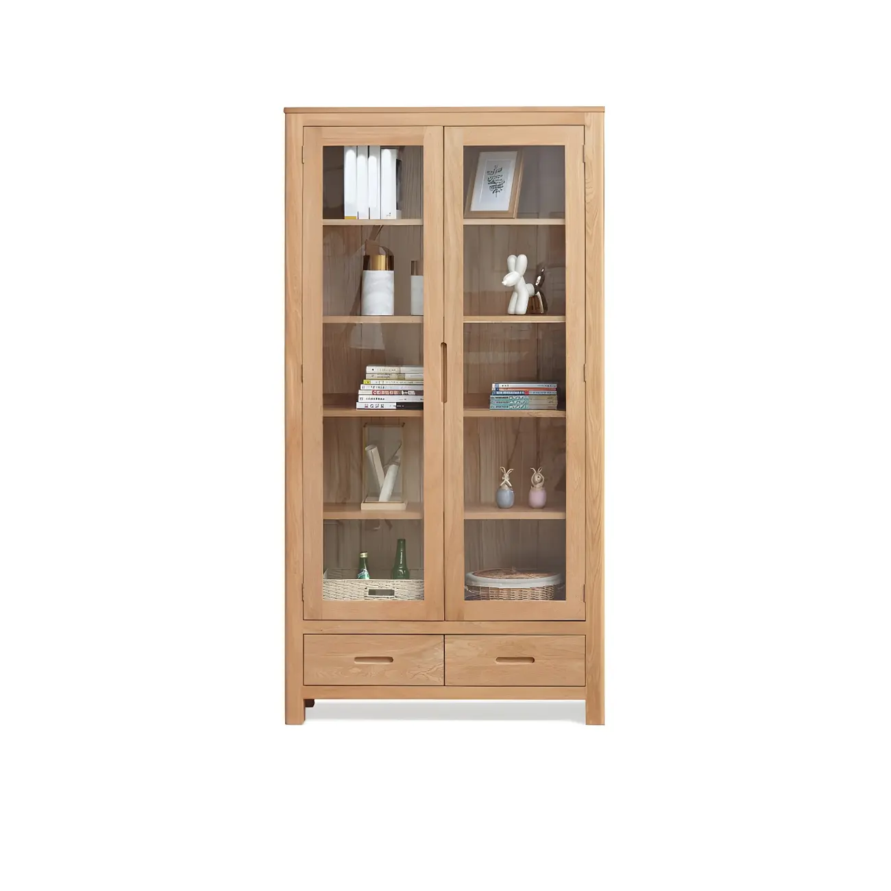 2-Drawer Natural Wood Display Cabinet Adjustable Shelves