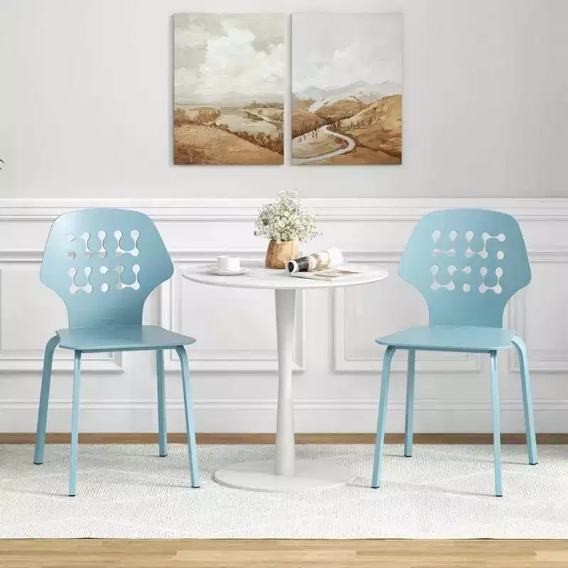 Costway Metal Dining Chair Set of 4 Armless Kitchen Hollowed Backrest & Metal Legs Blue/White