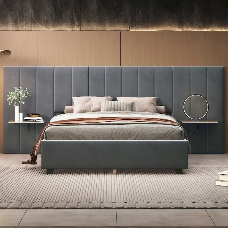 Grey/Pink/Beige Upholstered Platform Bed with Headboard Shelves, Full/Queen, 2-Person Assembly