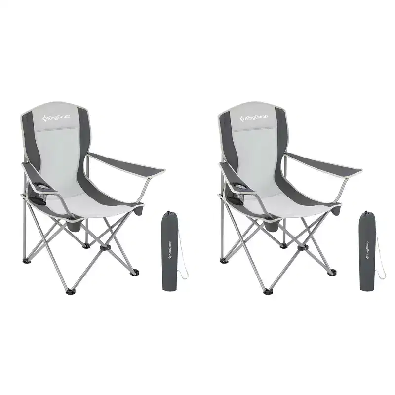 KingCamp Lightweight Folding Outdoor Lounge Chair w/ Cupholder and Adjustable Armrests for Camping, Sporting Events, or Tailgating, 2 Pack, Black/Grey