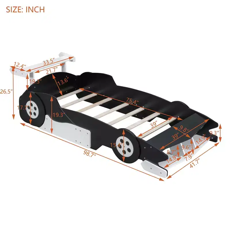 Bellemave Twin Size Race Car BedCool Car Bed Frame with Storage Shelves,Car Bed with Wheelsfor Boys and GirlsBlack