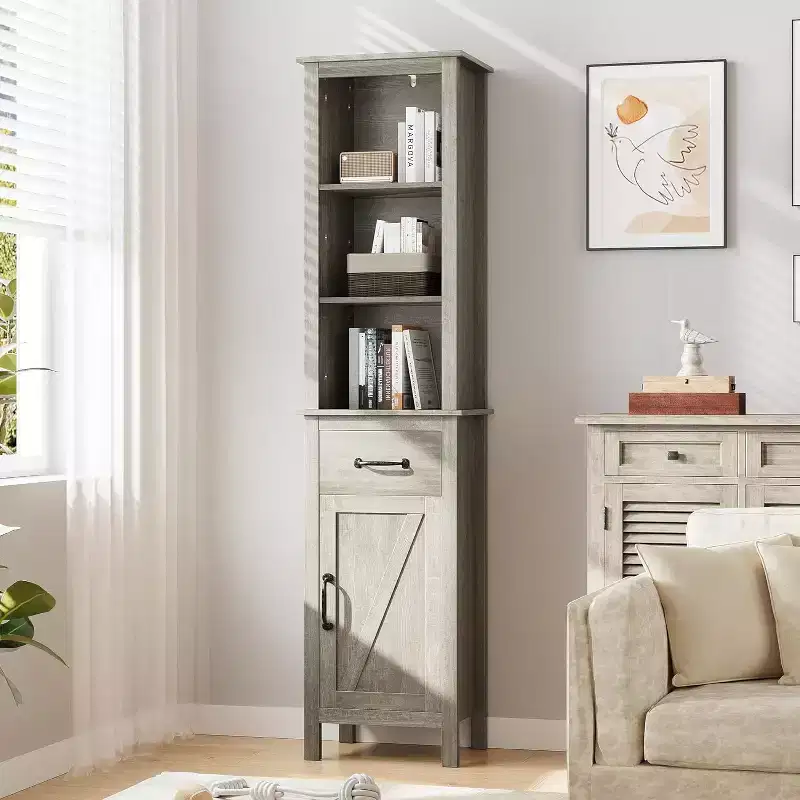 Narrow Storage Cabinet, Tall Bathroom Cabinet with Door and Drawer,Farmhouse Storage Cabinets for Bathrooms,Grey