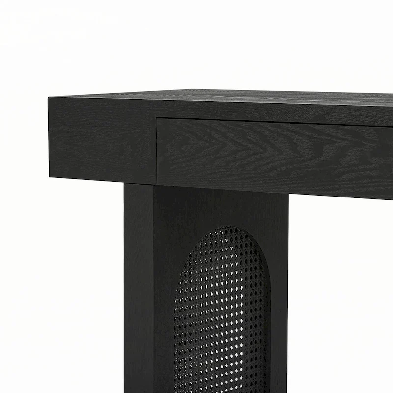 Narrow Console Table with Rattan Accent(Antique Black)