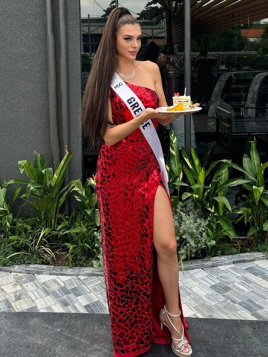 Red Mermaid One Shoulder Long Prom Dresses With Sequins