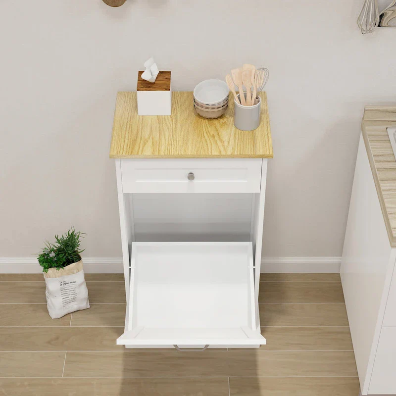 White Tilt-Out Trash Cabinet with Drawer - Single Compartment for Kitchen