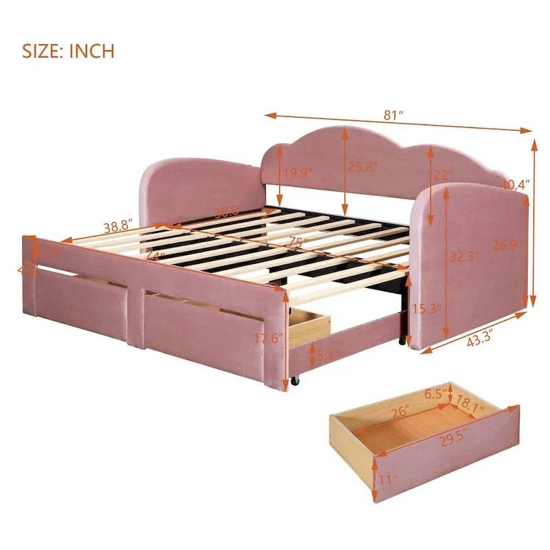 Twin Cloud Velvet Daybed with Trundle, Drawers, and USB