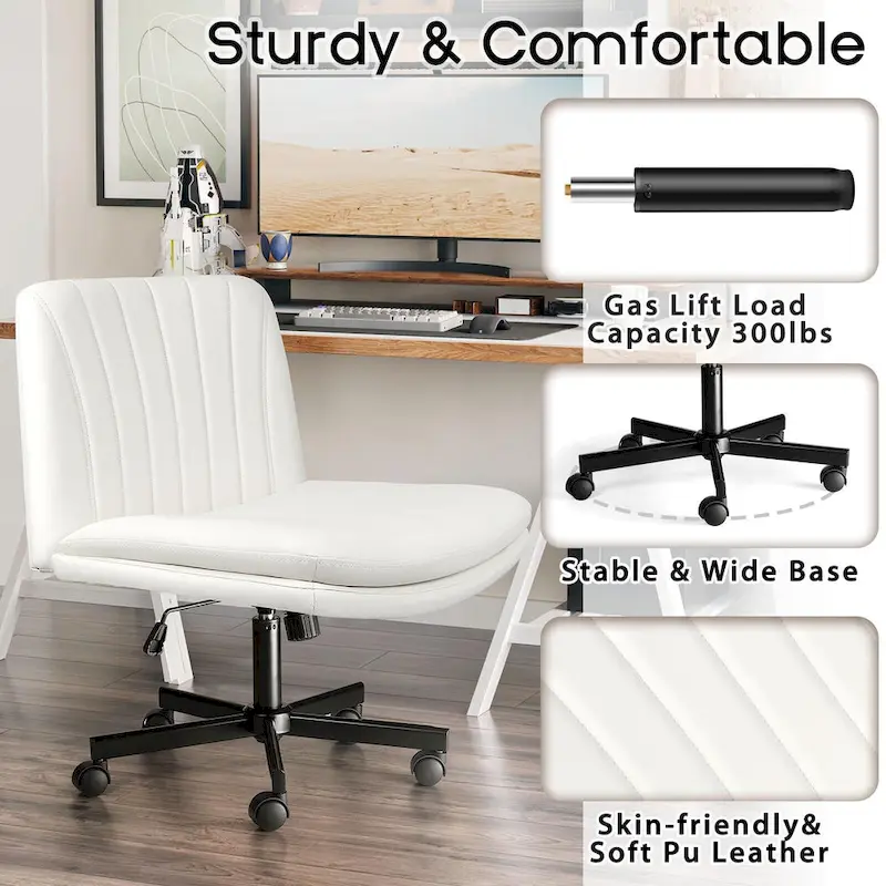 Cross Chair with Wheels,PU Leather Armless Cross Legged Office chair, Adjustable Wide Seat Task Vanity Chair