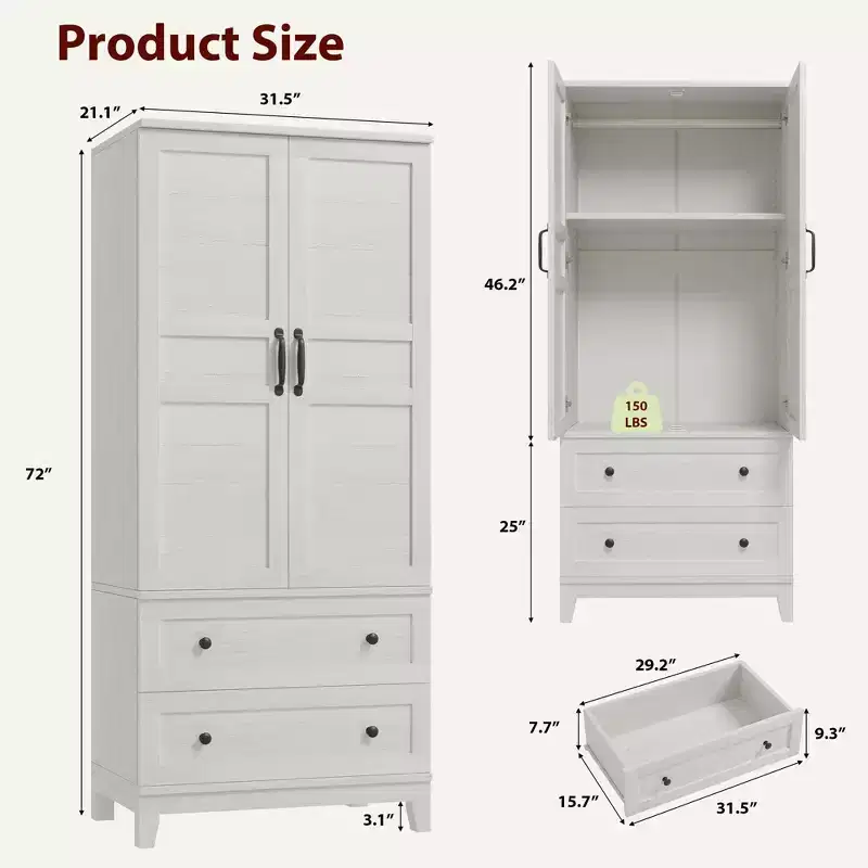 Coolmee Armoire Wardrobe Closet with 2 Drawers, 72 Wooden Wardrobe Cabinet with Hanging Rod, Tall Clothing Armoire Cabinet with Doors