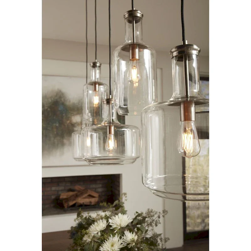 Latrobe Collection One-Light Brushed Nickel Clear Glass Coastal Pendant Light - 12.25 in x 12.25 in x 14 in