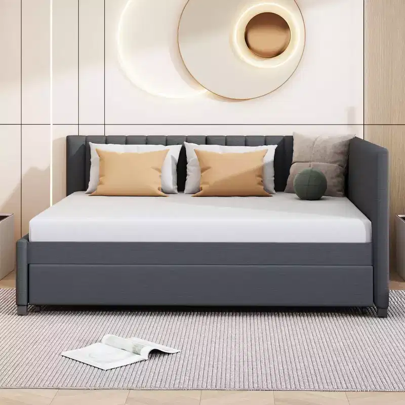 FAMYYT Full Size Upholstered Daybed With Twin Size Trundle, Easy Assembly, Gray