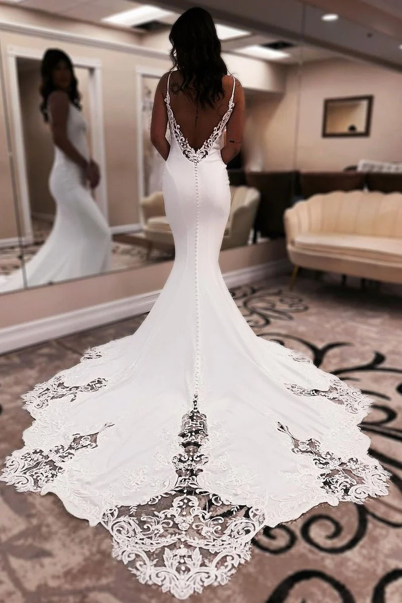 Unique Mermaid V Neck Satin Wedding Dress with Appliques