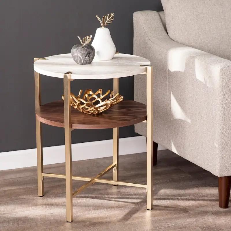 White/Brown Round Two-Tier Side Table with Faux Marble Top & Wood Shelf